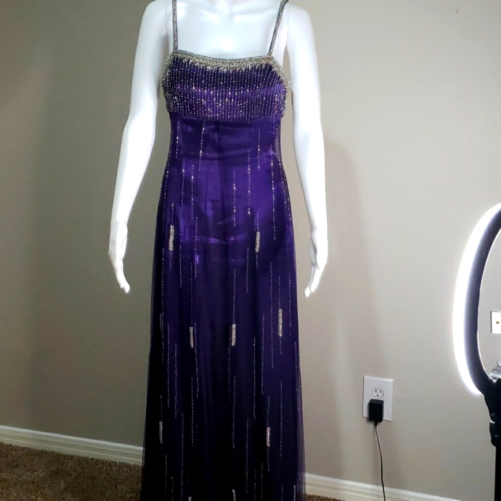 Beaded formal dress with shaw